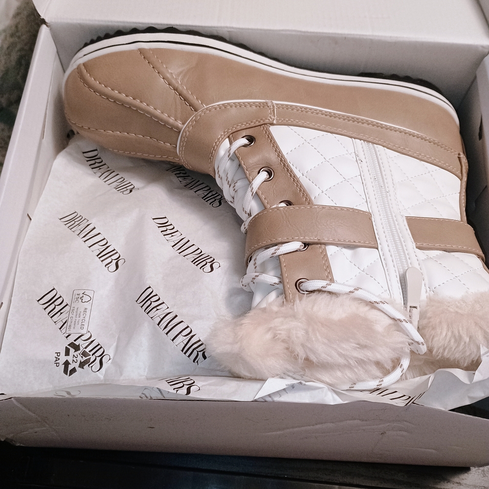 White and Tan Quilted Winter Boots - Picture 1 of 5